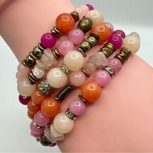Multi-Strand Gemstone Beaded Bracelet Pink Orange Quartz Toggle Clasp